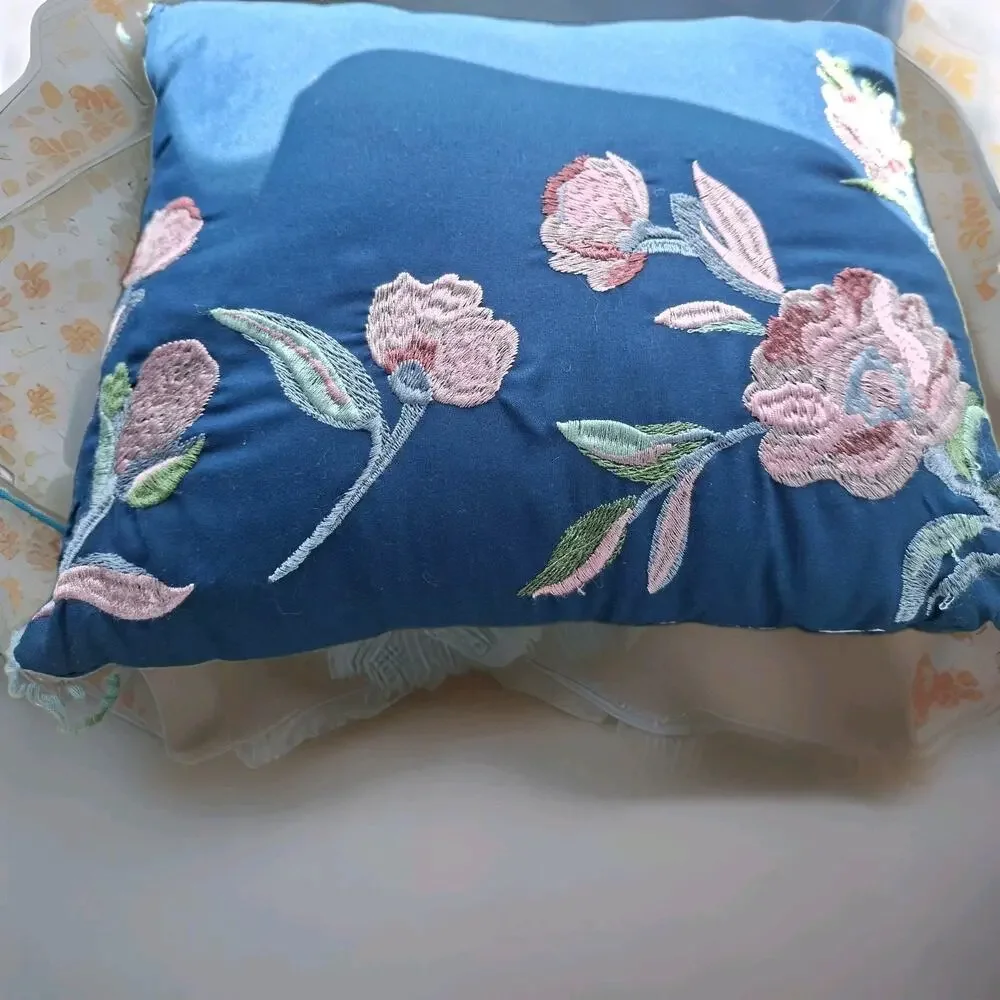 Decorative Blue Accent Throw Pillow With Tassels and Floral Embroidery